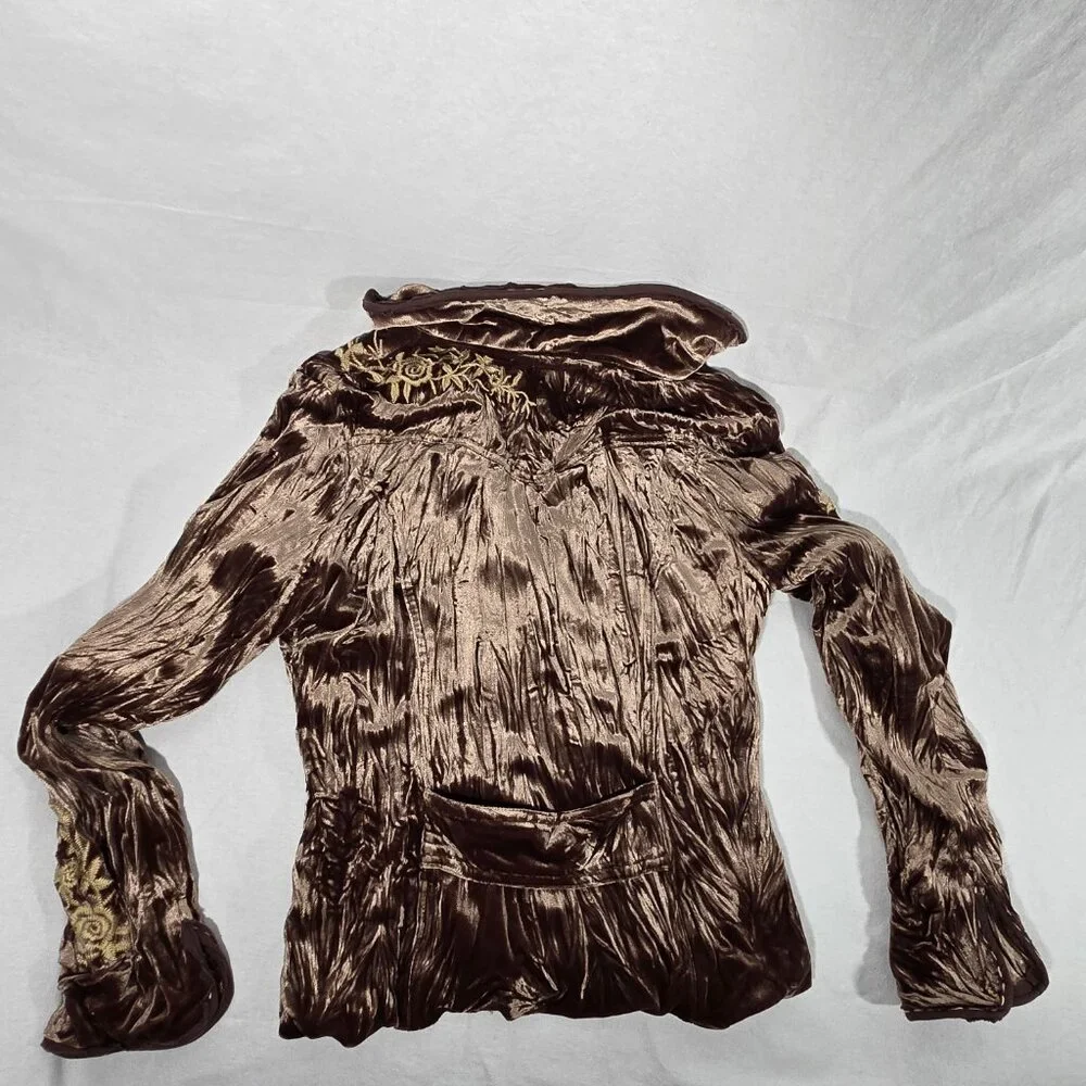 Vintage SURREALIST Steampunk Y2K Crinkled Velvet Embroidery Brown Jacket Size 2. - Picture 8 of 14